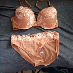 NWT Adore Me Jaya Lace Push Up Bra 36D w/  Medium Cheeky Panty Set Beige